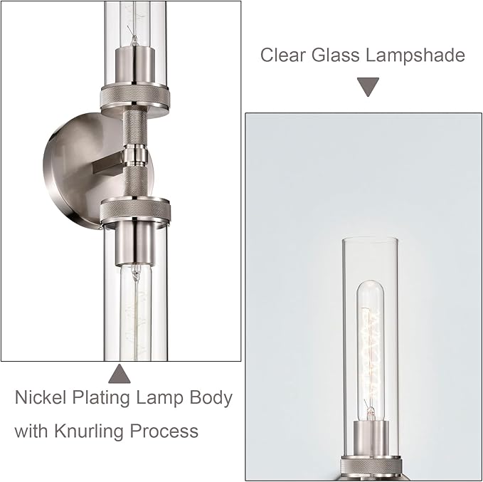 Vanity Lights for Bathroom,Knurled Texture 2-Light Brushed Nickel Wall Sconce,Clear Glass Vanity Mirror Lights,Modern Hardwired Chrome Bathroom Light Fixtures,Large Wall Lamps for Living Room,Bedroom