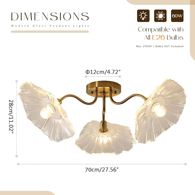 Mid Century Modern Close to Ceiling Light Fixtures Flower Flush Mount Ceiling Lights Glass Chandelier 3-Light Gold Brass Overhead Light Sputnik Ceiling Lighting for Dining Living Room