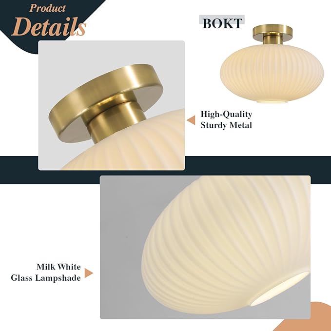 BOKT Mid Century Modern Ceiling Light Fixture Milk White Ribbed Glass Ceiling Light Nursery Close to Ceiling Stairway Gold Semi Flush Mount Ceiling Lamp 11.8"