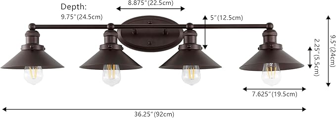 JONATHAN Y 36.25" Oil Rubbed Bronze 4-Light Industrial Farmhouse Metal Vanity Light Wall Sconce, Metal Shade for Bathroom Mirror, Kitchen, Entryway, LED Bulb Included (JYL7904A)