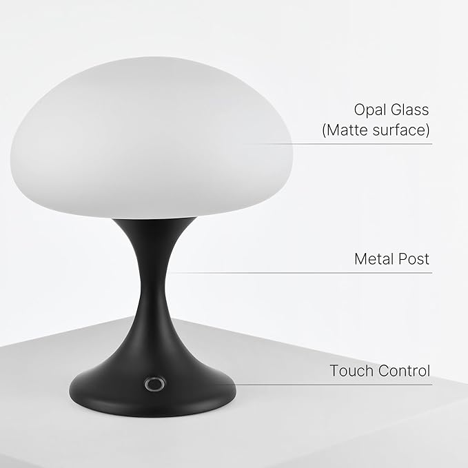 MAGCHARM Mushroom Lamp, 5W LED Cordless Rechargeable Table Lamp with Glass Shade, Small Retro Dimmable Touch Light with 3 Color Temps, Aesthetic Mid Century Bedside Light for Bedroom Ambient, Black