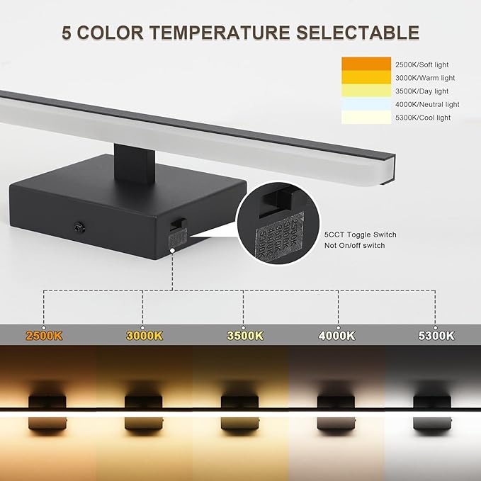 LED Modern Bathroom Vanity Light Fixtures 24 inch Dimmable 5CCT 18W Bathroom Light Over Mirror Black Wall Lighting Fixtures for Mirror 110V AC ETL Certificated