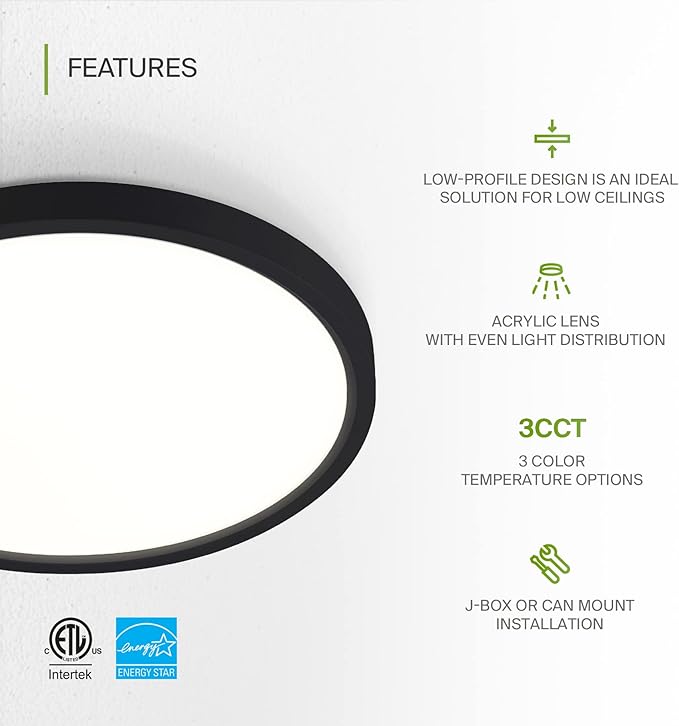 ASD LED 9" Round Flush Mount Light | 18W 1460LM 3000-5000K 120V | 3CCT, Dimmable, Ultra Slim, ETL Listed | Thin Surface Lamp, Bedroom Ceiling Lighting | Black, 6 Pack