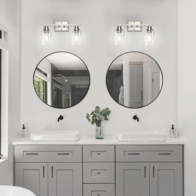 Unicozin 2 Light Bathroom Light Fixtures, Modern Vanity Lights Over Mirror, Brushed Nickel Wall Lamp with Clear Glass for Living Room Cabinet Bedroom Porch