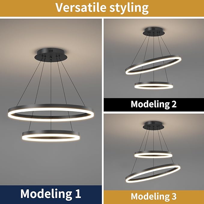 2 Ring Dimmable LED Modern Chandelier, Adjustable Hanging Foyer Pendant Light for Kitchen Island, Living Room, Entryway, 3000K-6500K Black Ceiling Pendant Light Fixture Over Dining Table Lighting
