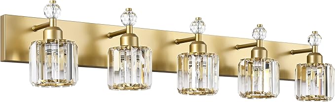 PRESDE 5-Crystal Bathroom Vanity Light Modern Gold Bathroom Lights Fixtures Over Mirror Modern Bath Wall Lighting