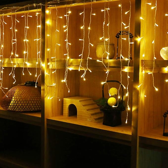 GTSYDING LED Window Curtain String Lights, GYDING Christmas Lcicle Lights 4M/13Ft 96 LED Starry Fairy String Lights Plug in 8 Modes for Wedding Party Bedroom Garden Patio Outdoor Indo (Warm White, 4)