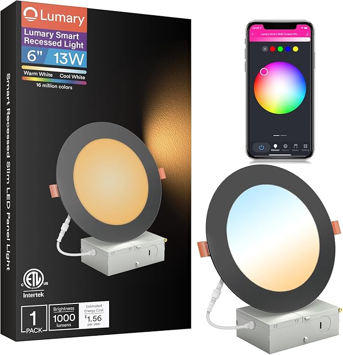 Lumary Smart Recessed Lighting 6 Inch, Color Changing LED Recessed Lights with J-Box 13W 1000LM, Dimmable Canless Wafer Downlight, Work with Alexa/Google Assistant, ETL Listed, 6Inch 1 Pack, Black