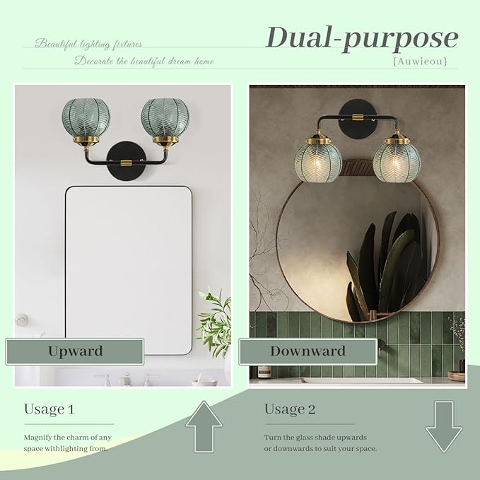2 Light Black Bathroom Vanity Light Vintage Wall Sconce Glass Wall Sconce Light Wall lamp with Ribbed Green Glass Shade mid Century Bathroom Vanity Light Over Mirror for Bedroom Hallway Living Room