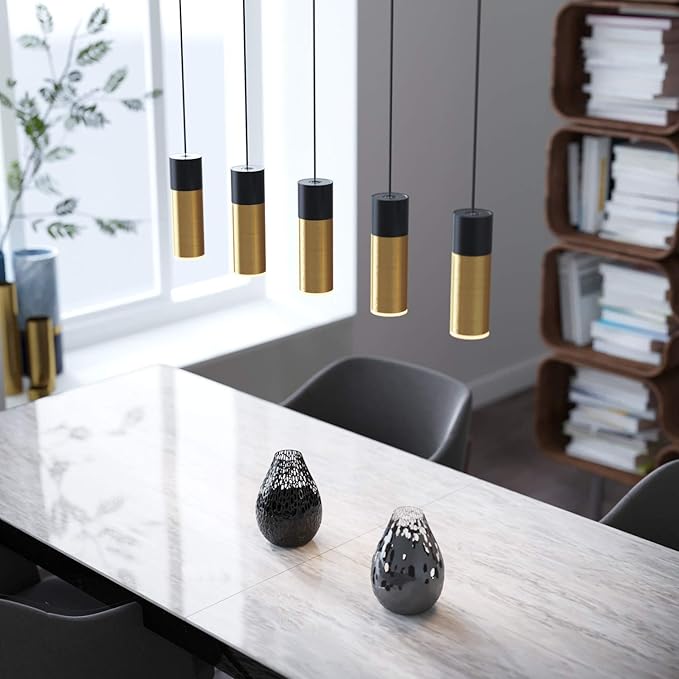 Vela 5 Mini Pendant Lighting Black-Brass - LED Hanging Light Fixture for Kitchen Island, Bar, Foyer - Cluster Pendants - Dimmable, Adjustable Wire, Lamp Bulb Included