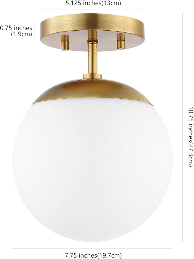 JONATHAN Y 7.75" Brass Gold Modern Semi Flush Mount Ceiling Light, LED Fixture for Entryway, White Frosted Glass Globe Shade, Mid-Century Farmhouse Lighting for Bedroom Hallway JYL7499A