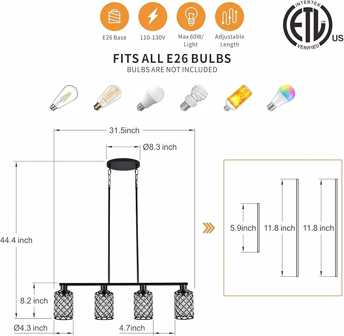 Dining Room Light Fixture Over Table,4-Light Island Lights for Kitchen,Black Pendant Lights Kitchen lsland Lighting,The Linear Chandelier with K9 Crystal and Black Grids Shade