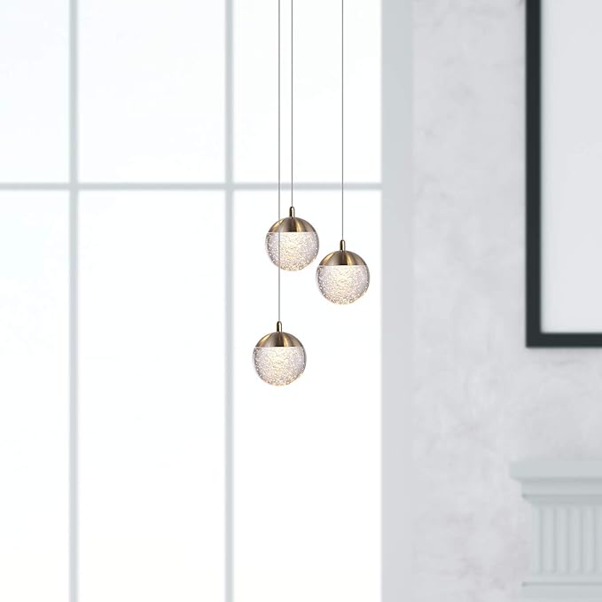 contec development Galaxy 3 Mini Pendant Crystall Ball Lighting Brass - LED Hanging Light Fixture: Kitchen Island, Bar, Foyer - Cluster Pendants - Dimmable, Adjustable Wire, Lamp Bulb Included