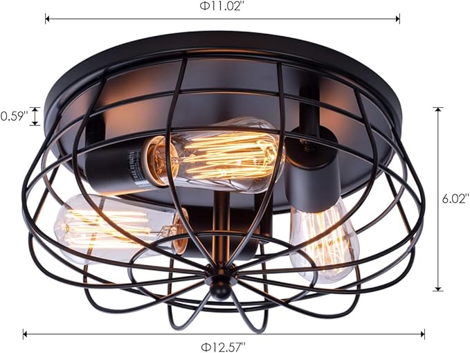 VILUXY Industrial Black Semi Flush Mount Ceiling Light 3-Light Rustic Ceiling Lamp Fixture with Metal Cage for Kitchen Living Room Dining Room Bedroom Hallway