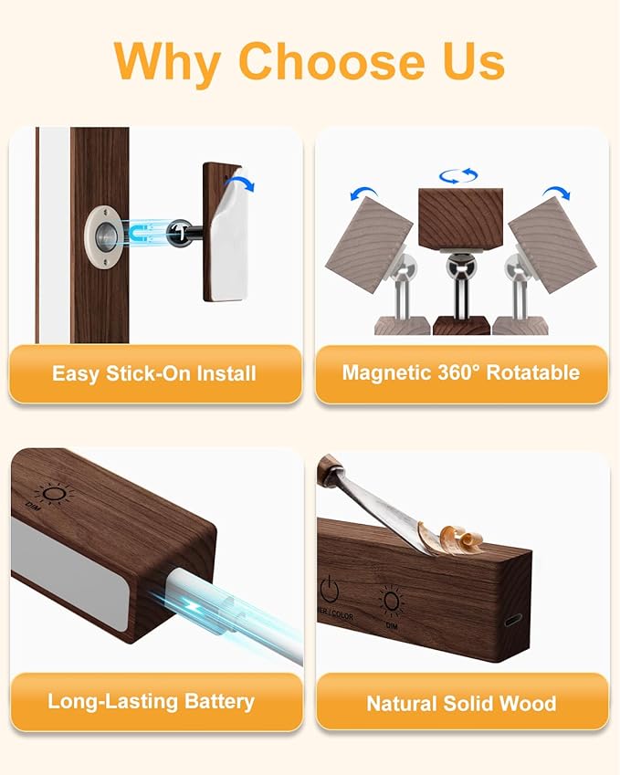 Rechargeable Wood Wall Sconce with Remote & Touch, 5200mAh Battery Operated Wall Lights 3 Color Temperatures & RGB. Magnetic, Stick-On, Dimmable Wall Reading Lamp for Bedroom, Living Room, Picture