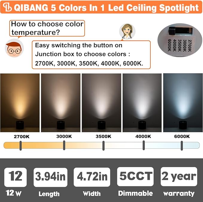 4.72'' 12W LED Ceiling Spot lights Dimmable Flush Mount Cylinder Downlight Fixtures,5CCT 2700K-6000K Selectable,CRI 95+ Aluminum Matte Black Cylinder Spotlights Indoor Mini Ceiling Light 4 Pack