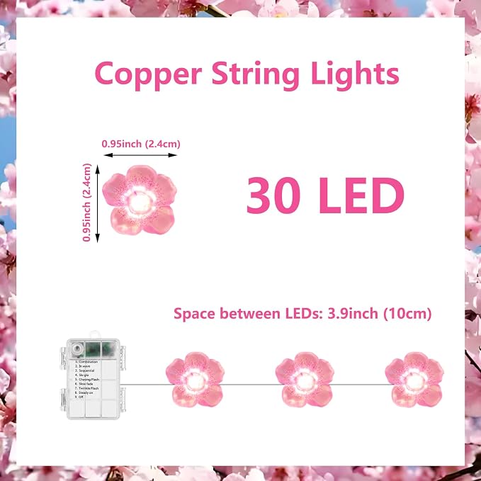 Cherry Blossom Decor Flower String Lights Vines with Fairy Lights Christmas, 30 LED Copper with Remote Control Battery Operated Pink Flower Garland Leaf for Locker, Wall,Christmas Decorations-4 Pack