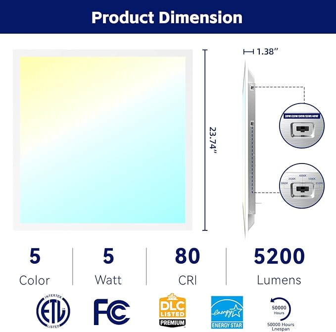 LED Flat Panel Light LED Drop Ceiling Light Fixture, 5 CCT 3000K-6500K Adjustable & 5 Wattage Selectable Recessed Back-Lit Fixture for Office, ETL Listed(12Pack 2x2)