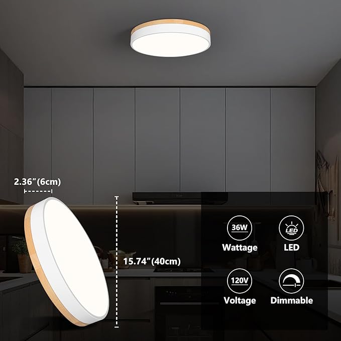 WOKNOS Dimmable Wood Oak Ceiling Light Fixture Modern White LED Flush Mount Ceiling Light 5CCT Minimalist Circle Close to Lighting Fixture for Bedroom Kitchen Bathroom Laundry Room 15.74 Inch