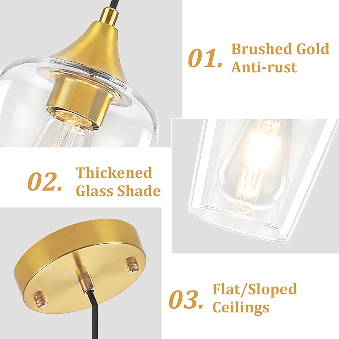 3-Pack Brushed Gold Pendant Lights Kitchen Island, Modern Glass Pendant Lighting Over Island Kitchen Hanging Light Fixtures Hallway Pendant Lights for Bathroom Dining Room Entryway Foyer Bedroom