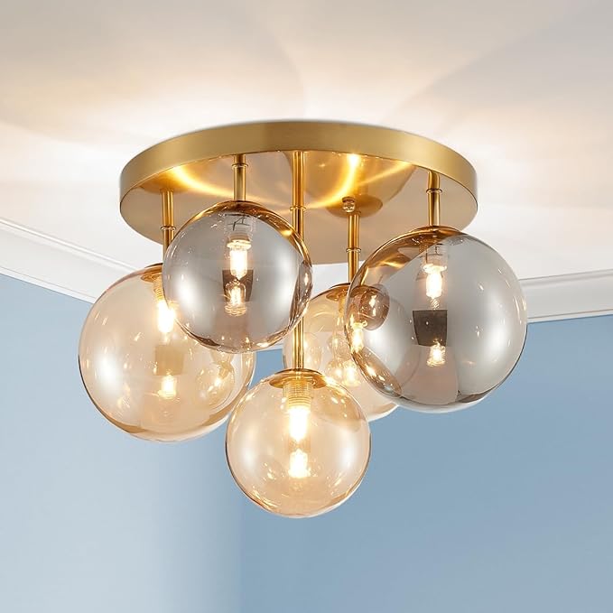 AGV LIGHTING Flush Mount Ceiling Light Fixture, Modern Bubble Glass Ceiling Light with Black Metal Frame, 5-Light G9 Base Gold Brass Ceiling Chandelier for Bedroom Living Room Kitchen Dining Room
