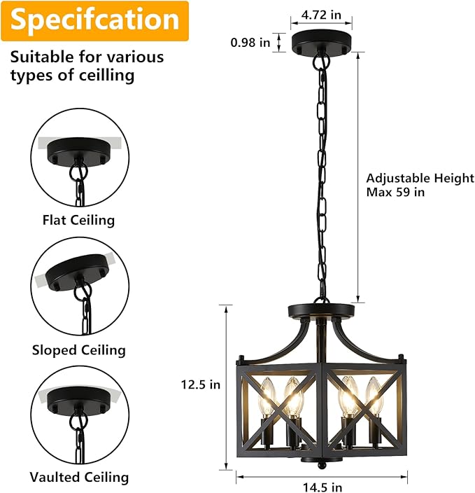 6-Light Pendant Lights Kitchen Island, Modern Black Pendant Light Fixture with Hexagonal Metal Cage, Adjustable Geometric Hanging Light for Entryway Foyer Dining Room, 1 Pack