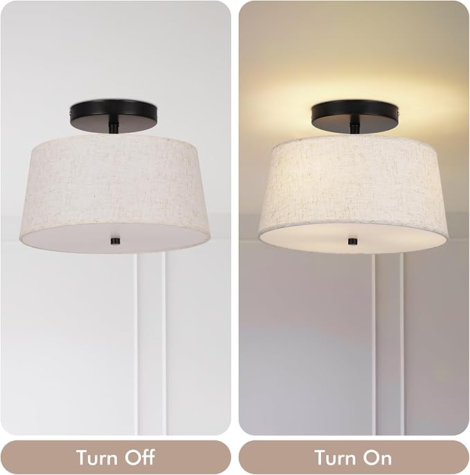 12.6" Light Fxitures Ceiling Mount,3 Light Semi Flush Mount Ceiling Light Fixture,Bedroom,Modern Close to with Linen Shade Drum Light for Living Room Kitchen Entryway lamp