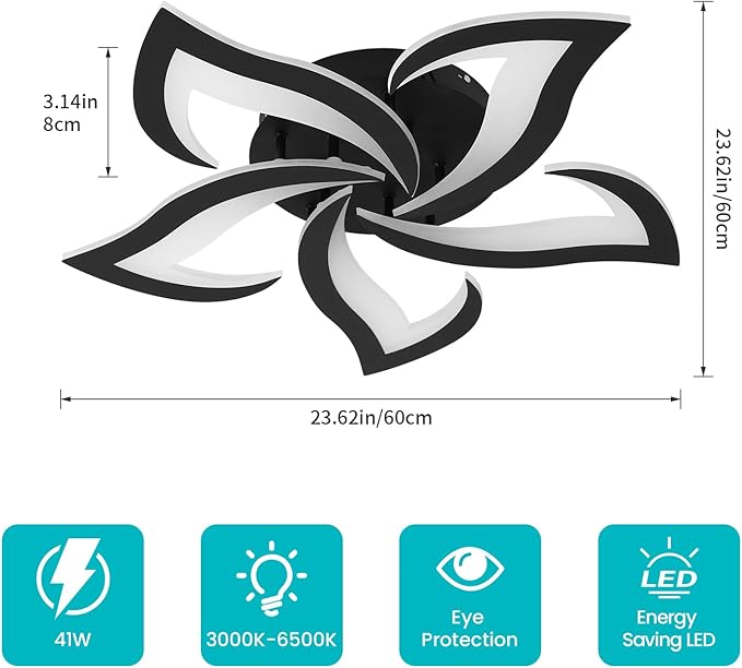 Goeco Modern Flower Flush Mount Ceiling Light with Remote Control, 3000K-6500K LED Dimmable 5-Petals Black Ceiling Light for Living Room, Kitchen, Dining Room, Bedroom