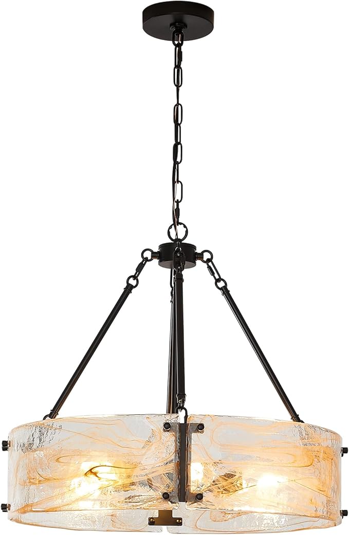 WILON Chandeliers for Dining Room, Modern Glass Pendant Light Fixtures,6-Light Foyer Kitchen Lighting Fixtures Textured Hanging Lights for Bedroom, Bathroom, Laundry Room, Entryway, Hallway (Black)