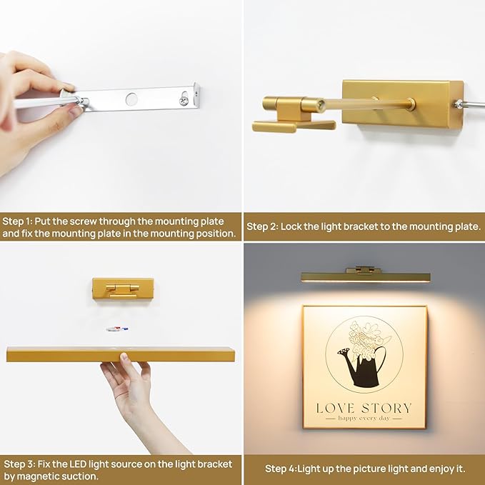 PESUTEN Picture Light Battery Operated, 16in Wireless Art Light for Paintings CCT Dimmable Recharging Battery Picture Light with Remote Control for Gallery Dartboard Art Bedroom Bathroom Gold
