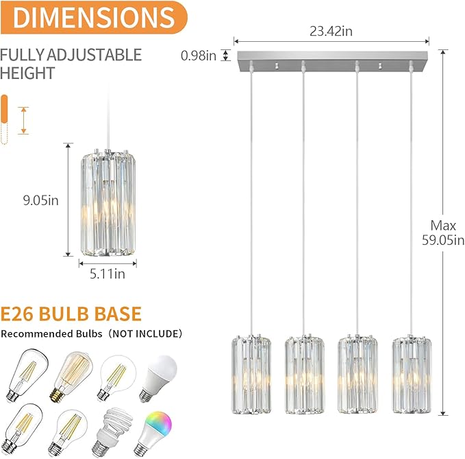 Chrome Pendant Lighting Modern Pendant Light, Mini Crystal Chandeliers,Adjustable Pendant Light Fixture for Kitchen Island Dinning Room Corridor Bedroom(Gold 4-Light)