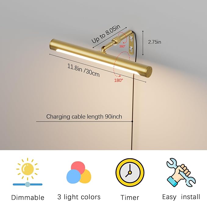 4W Picture Light Plug in, 12" Adjustable LED Art Light with Remote Control, Dimmable Wall Light for Picture Display Dartboard Art Work (Gold)