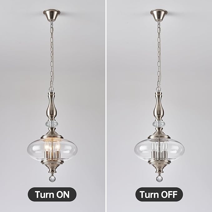 Brushed Nickel Pendant Light 11.8'' Wide 23.6'' High Modern Glass Pendant Light for Dining Room, Kitchen Island Adjustable Height