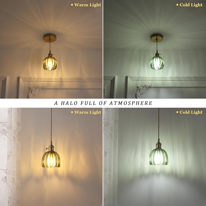 Shenmoyl Pendant Light 2 Pack with Green Tulip Glass Lmapshade, Brass Vintage Pendant Light Adjustable Hanging Light for Kitchen Island Dining Room Hallway