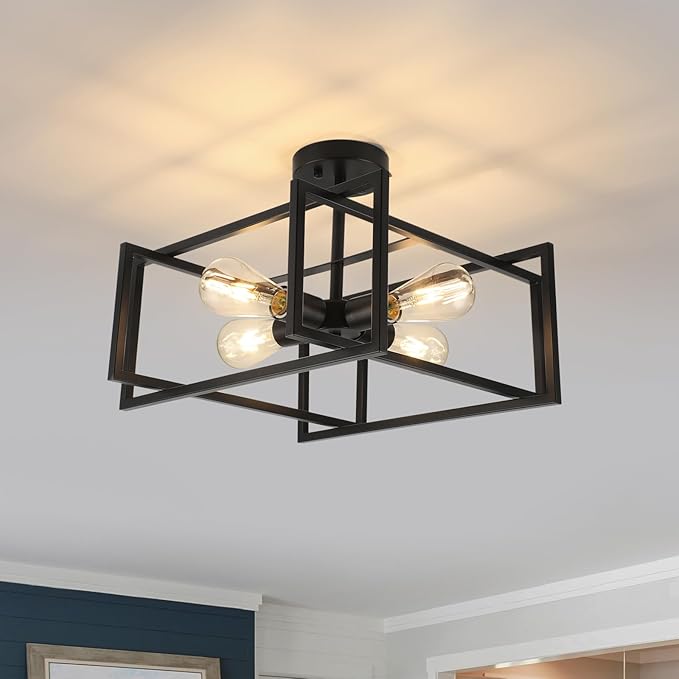 WILON Black Ceiling Light Fixture, Modern Square Semi Flush Chandelier Ceiling Lamp for Kitchen Dining Room Bedroom Laundry Room Living Room (4 Lights)