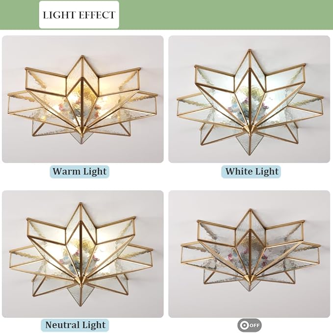 Brass Flush Mount Ceiling Light with Ceramic Light Socket, Star Shaped Ceiling Light Fixture, Mid Century Glass Ceiling Mount Lamp for Bedroom, Living Room Dining Room (Rippled Glass, 23.6")