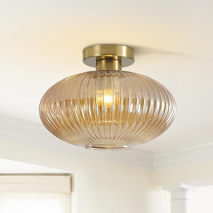 BOKT Brass Gold Semi Flush Mount Ceiling Lighting Amber Modern Schoolhouse Light Fixture Globe Glass Industrial Close to Ceiling Light with Glass Shade for Bathroom Entryway Farmhouse