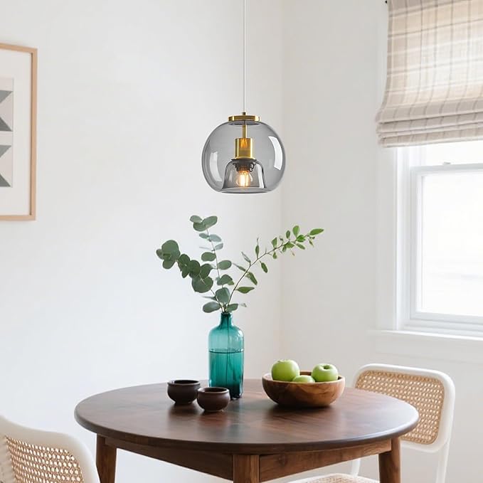 Light Grey Glass Pendant Lights Kitchen Island Gold Hanging Light Fixture Glass Globe Pendant Light Modern Pendant Lighting for Kitchen Island Bedroom Dining Room (7.87", 2 Pack)