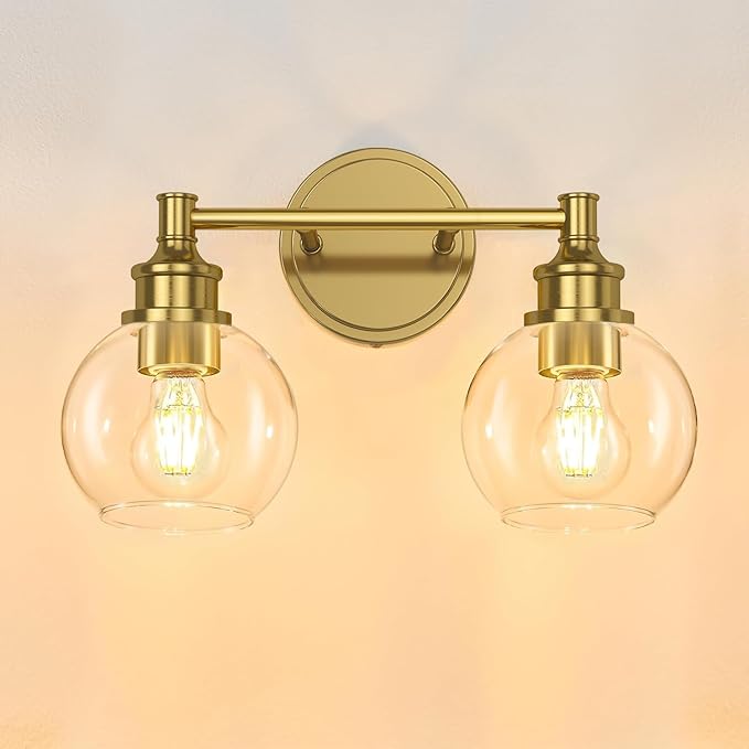Bathroom Light Fixtures, 2-Light Brushed Gold Vanity Light Globe Glass Shades, Bathroom Lighting Fixtures Over Mirror, Wall Sconces for Master Bathroom, Guest Bathroom, Powder Room, 14-inch