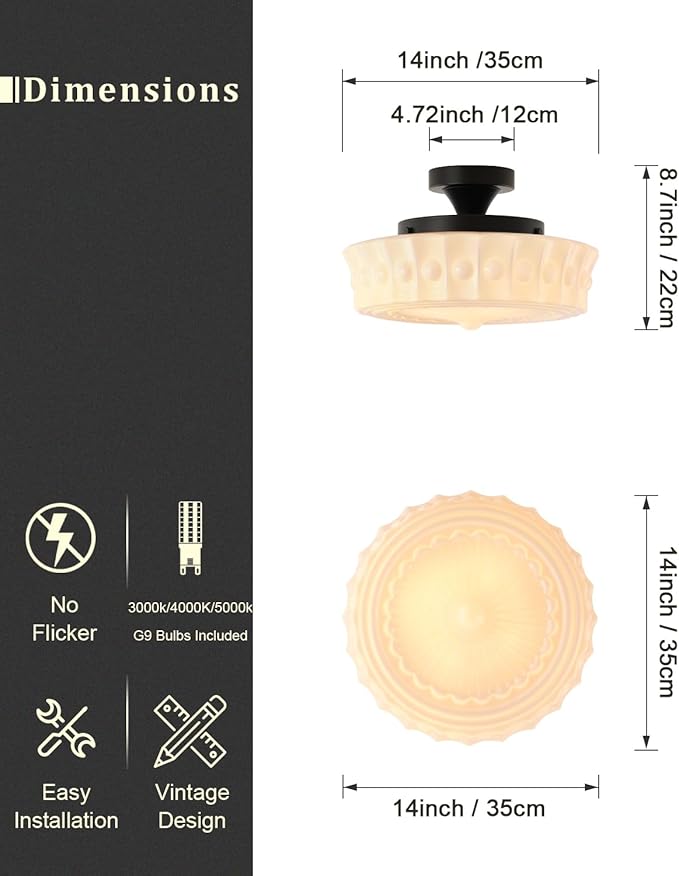 Vintage Milk White Glass Ceiling Light,Schoolhouse 13.8'' Flush Mount Ceiling Light Fixture,Mid Century Design for Bedroom,Hallway,Kitchen & Dining Room,4 LED Bulbs Included