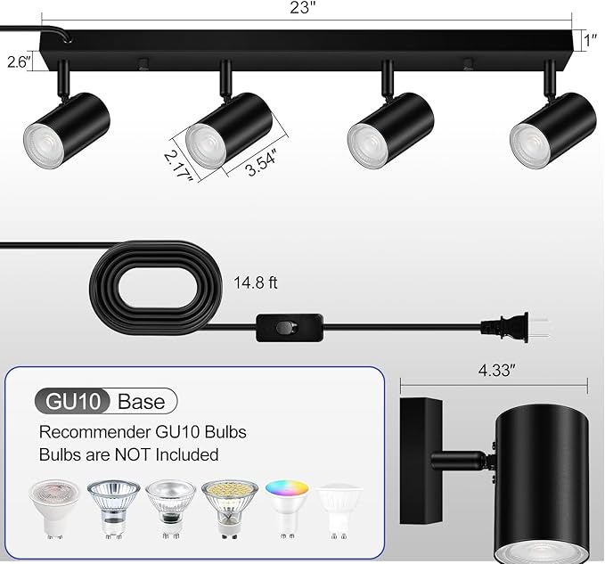 BoostArea Plug in Track Lighting, LED Track Light Kit, Black 4-Light Track Lights for Kitchen, 15 FT Cord,4 Way Ceiling Spotlight, Rotatable Wall Mount Light Head for Bedroom Hallway Living Room