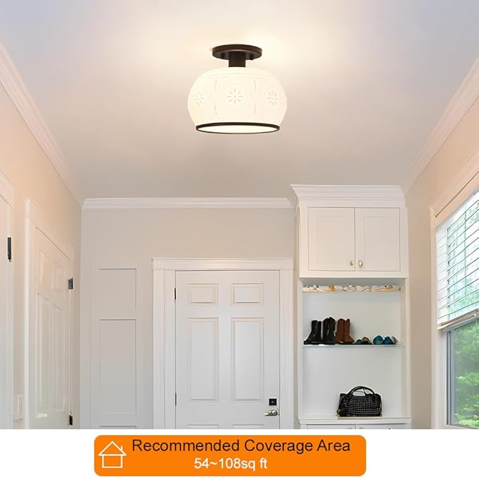 Matte Black Semi Flush Mount Ceiling Light with Milk Glass Shade, Hallway Lighting Fixtures, Vintage Ceiling Light for Kitchen, Bedroom, Closet, Entryway, Porch