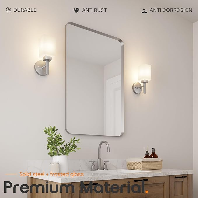 Bathroom Light Fixtures Brushed Nickel Vanity Light with White Frosted Glass Shade, Wall Lamps for Mirror Kitchen Bedroom Porch, 2 Pack T002BR-L1-P2