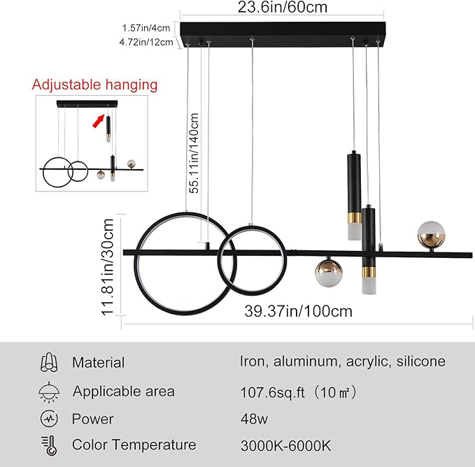 Siittoo Modern Chandeliers for Dining Room, Dimmable Led Linear Pendant Light with Remote Control, Black Gold Pendant Lighting Hanging Light Fixtures for Kitchen Island, Dining Room, Living Room (48W)