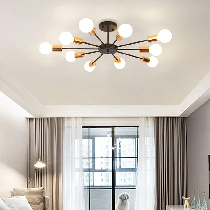 Jaycomey Semi Flush Mount Sputnik Ceiling Light,10-Light E26 Base Modern Black Sputnik Chandelier,Industrial Ceiling Lamp Fixture for Kitchen Farmhouse Living Room Dining Room