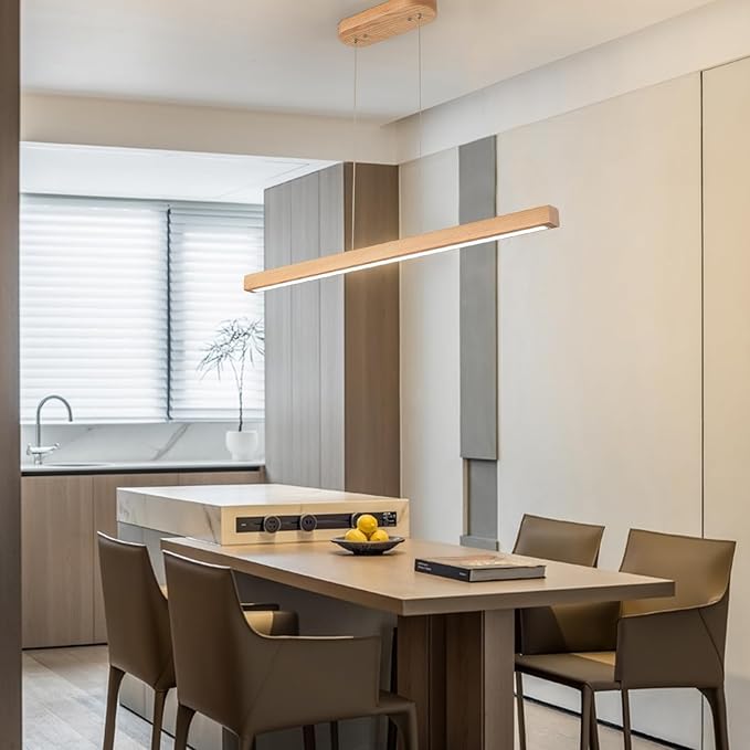 YISDESIGN 31.5" 18W 1-Light Wooden Led Linear Pendant Light Dimmable Led Ceiling Hanging Light Fixtures Modern Chandeliers for Dining Room Kitchen Island Lights Natural