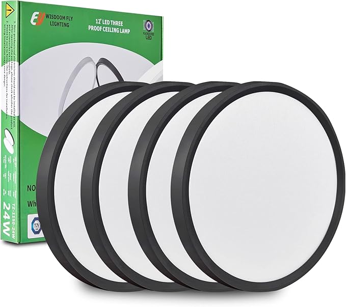 4PK 12 Inch LED Flush Mount Ceiling Light, 24W, 2520LM, 3000K/4000K/6000K CCT Selectable, Round Flat Panel Light Low Profile Ceiling Light Fitures for Hallway, Kitchen, Bedroom, Laundry Room, Black