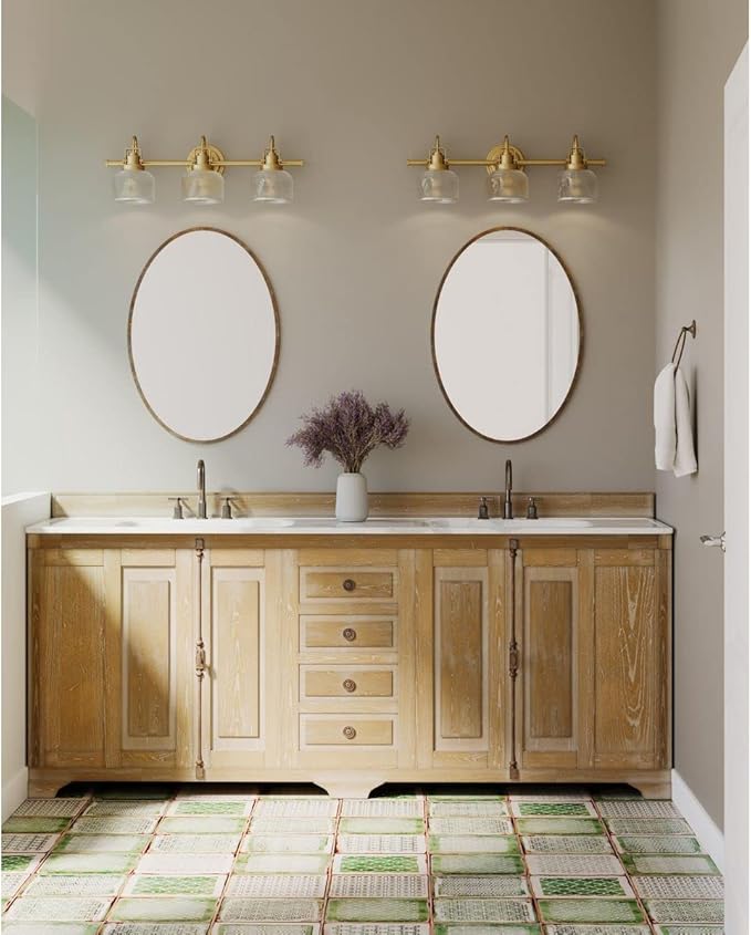 Progress Lighting P2992-163 Archie Collection Clear Double Prismatic Glass Coastal Bath Vanity, 3-Light, Vintage Brass