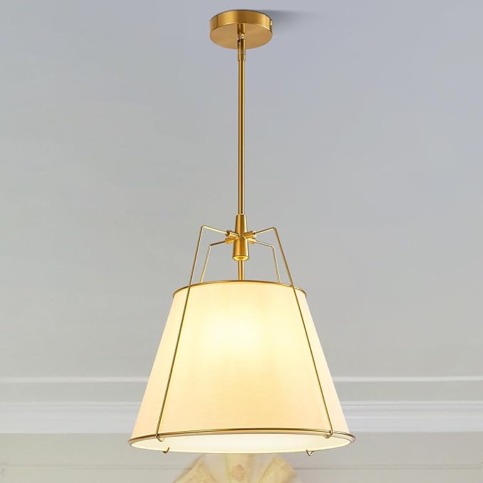 Modern Pendant Light Fixtures with 16" Off-White Linen Fabric Shade, Adjustable Hanging Light Fixture,3-Light Drum Gold Vintage Chandelier for Kitchen Island Bedroom Dining Room Foyer