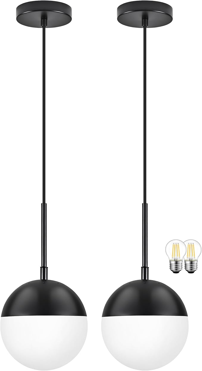 6 Inch Black 2 Pack Mid Century Modern Pendant Light Pendants for Kitchen Island Frosted Milky White Glass Globe Height-Adjustable Modern Hanging Globe Pendant Light for Bedroom (Bulb Incl)
